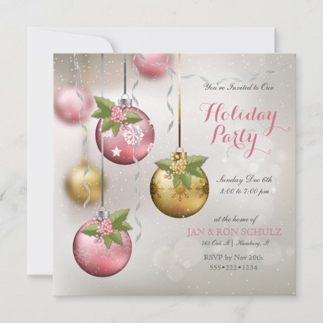 Invitation Ornements chic rose argent or rose pailletés (Devant)