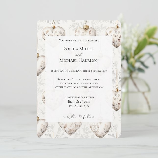 Invitation Ornements Cœurs Gris Crème Chic Mariage (Debout devant)