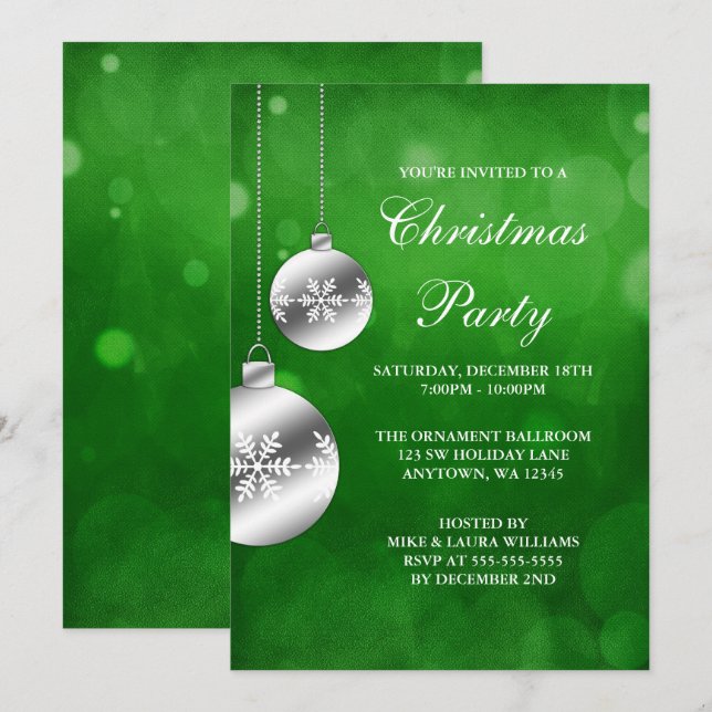 Invitation Ornements d'argent Soirée de Noël du Green Bokeh (Devant / Derrière)
