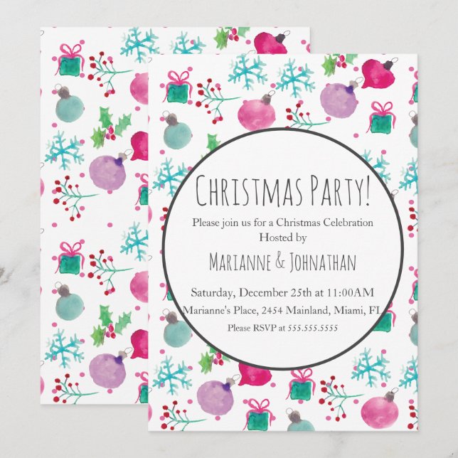 Invitation Ornements de fête de Noël à l'aquarelle pour les F (Devant / Derrière)