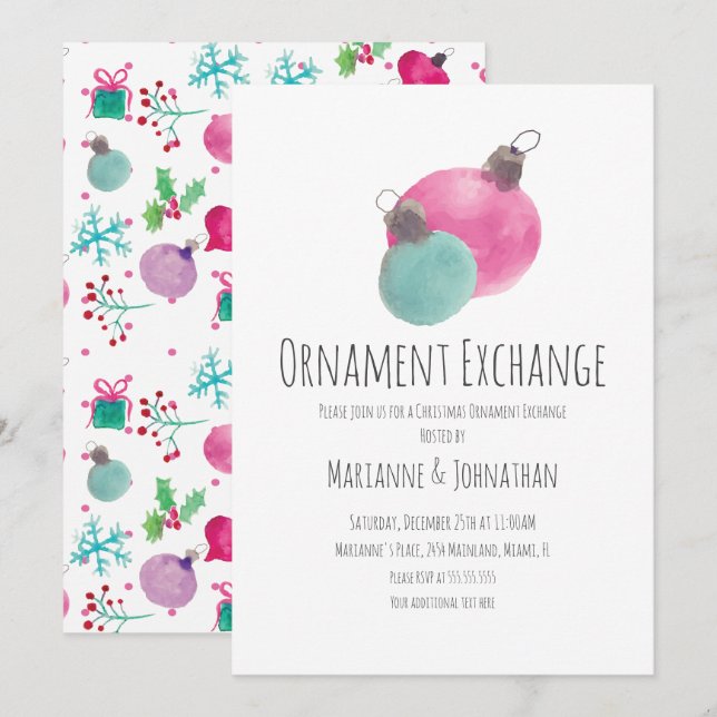Invitation Ornements de fête de Noël en aquarelle à échanger (Devant / Derrière)