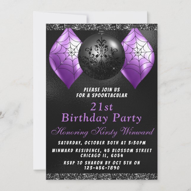 Invitation Ornements de Halloween violet noir pour fête d'ann (Devant)