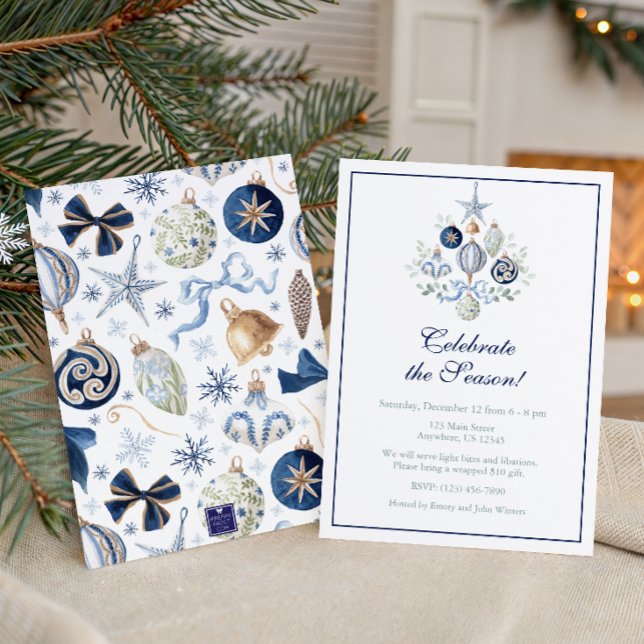 Invitation Ornements de Noël Bleu Aquarelle Fête (Créateur téléchargé)