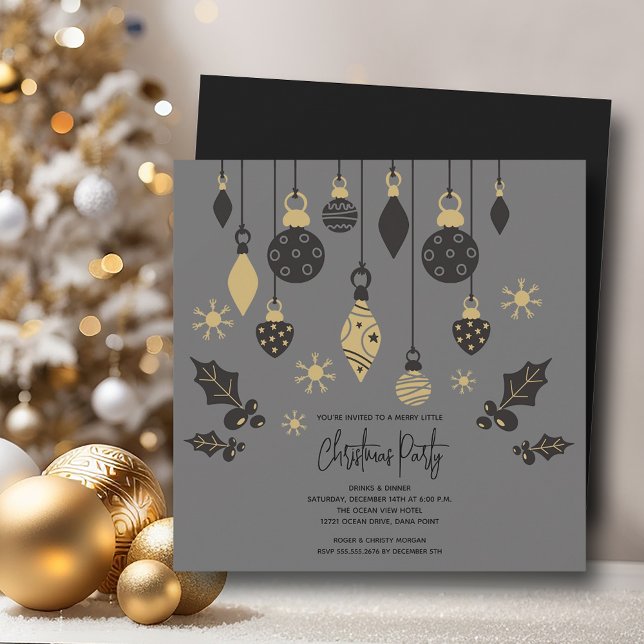 Invitation Ornements de Noël chic (Chic Christmas tree ornaments on grey 5.25" square invitations, PRINTED and/or INSTANT DOWNLOAD)