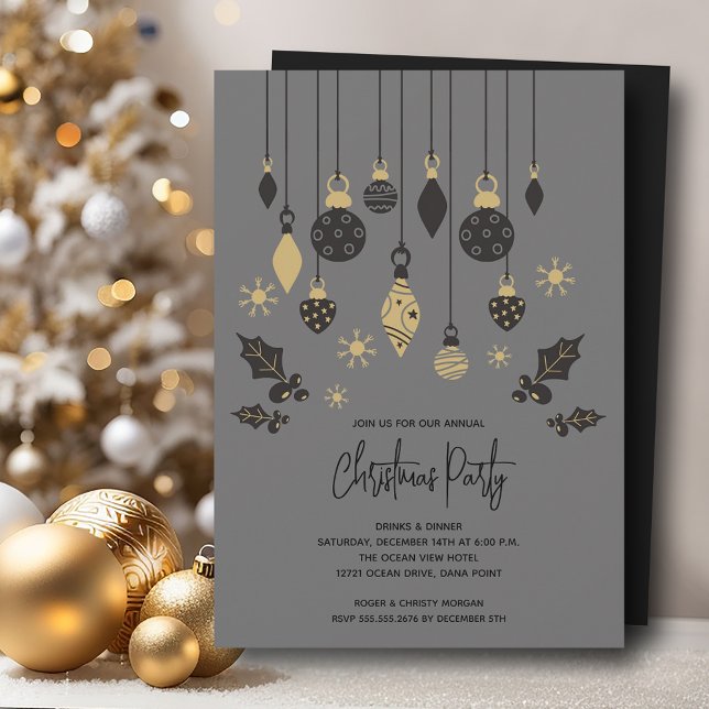 Invitation Ornements de Noël chic (Chic Christmas tree ornaments on grey party invitations, PRINTED and/or INSTANT DOWNLOAD)