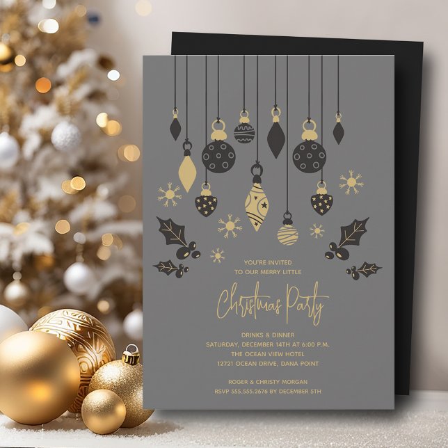 Invitation Ornements de Noël chic (Chic Christmas tree ornaments on grey party invitations, PRINTED and/or INSTANT DOWNLOAD)