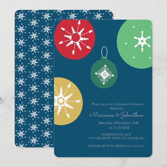 Invitation Ornements de Noël colorés Snowflakes (Devant / Derrière)