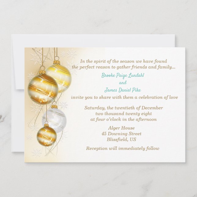Invitation Ornements de Noël Or et Blanc Mariage (Devant)