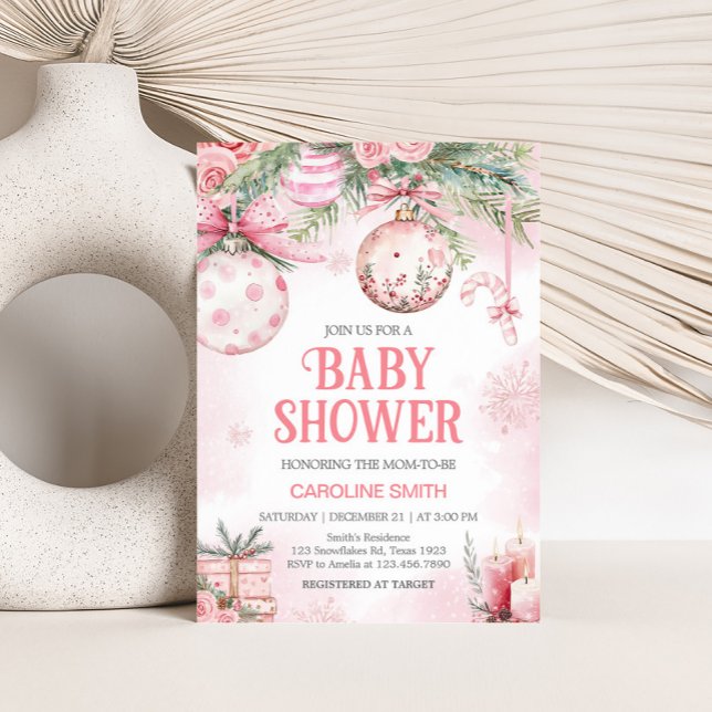 Invitation Ornements de Noël rose Baby shower d'hiver (Pink Christmas Ornaments Baby Shower Invitation)