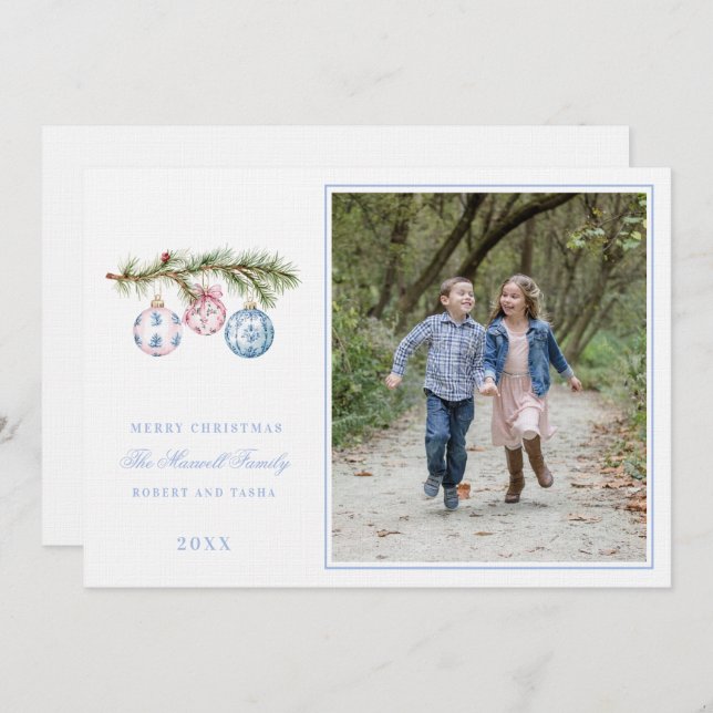 Invitation Ornements de Noël roses et bleus (Devant / Derrière)