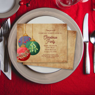 Invitation Ornements de Noël sur Parchemin Élégante Fête