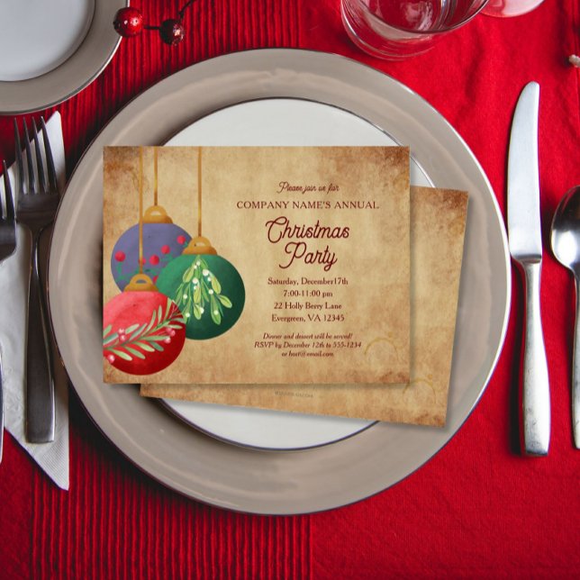 Invitation Ornements de Noël sur Parchemin Élégante Fête (Créateur téléchargé)