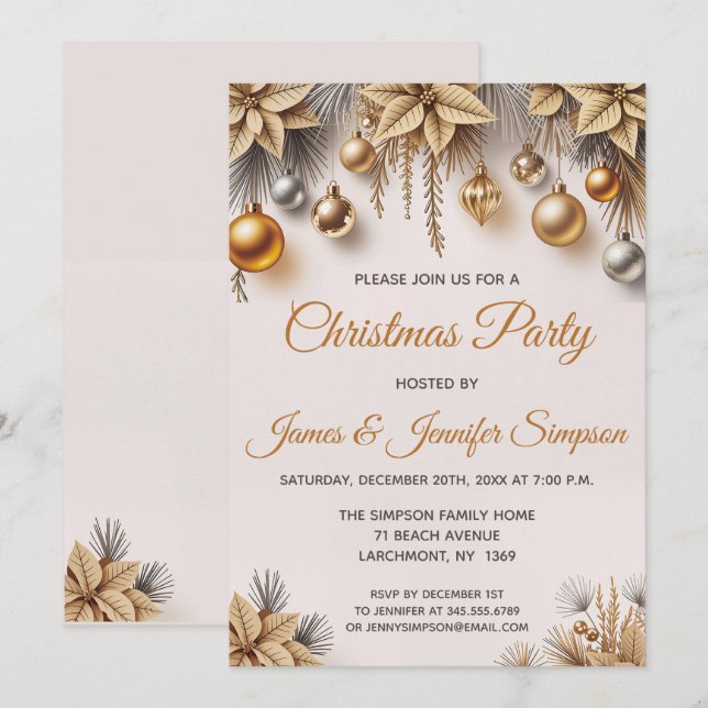 Invitation Ornements de sapin de Noël en or et argent pour fê (Devant / Derrière)