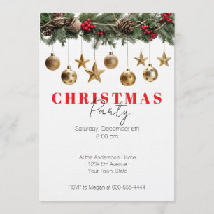 Invitation Ornements dorés de guirlande de pin Fête de Noël