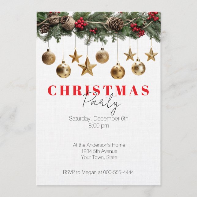 Invitation Ornements dorés de guirlande de pin Fête de Noël (Devant)