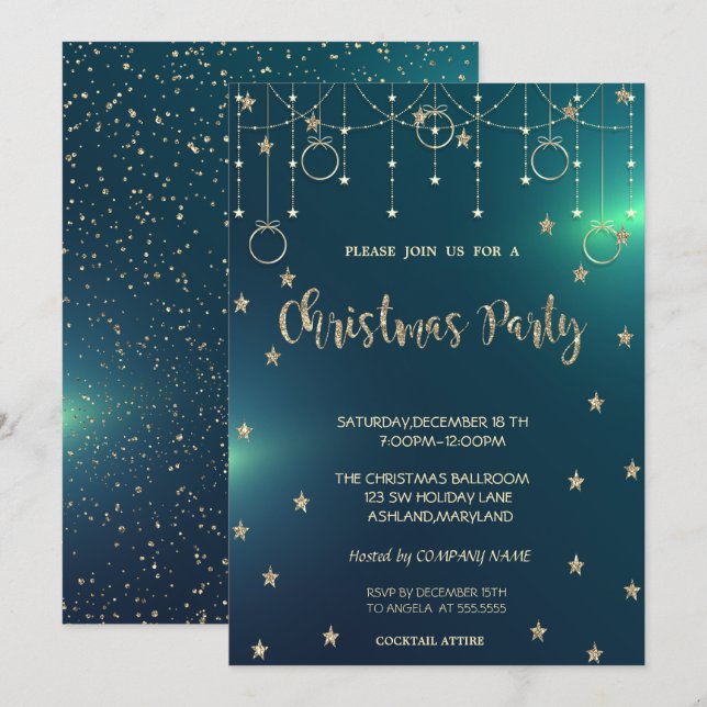 Invitation Ornements dorés, Fête de Noël de la société Stars  (Devant / Derrière)