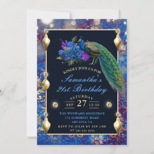 Invitation Ornements élégants de paon bleu et or pour anniver