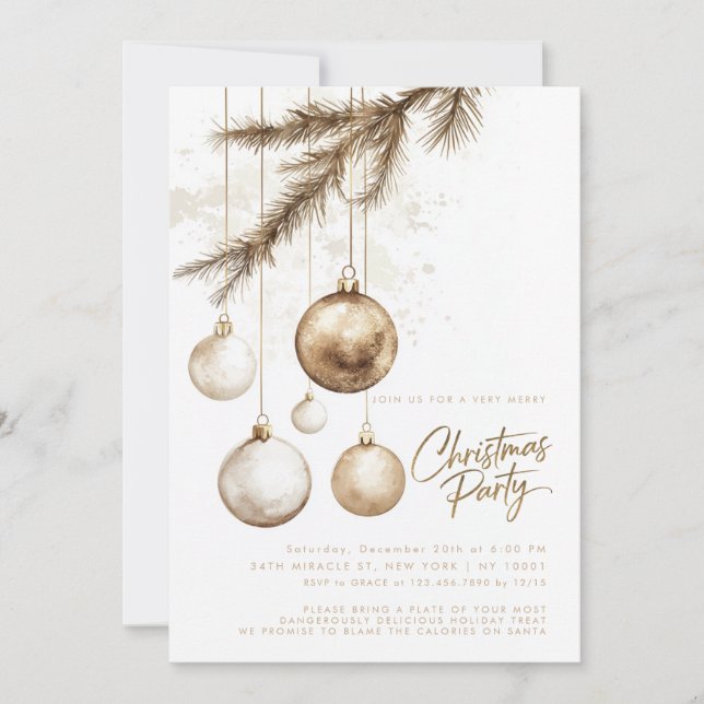Invitation Ornements Élégants en Or Minimalistes Noël (Devant)