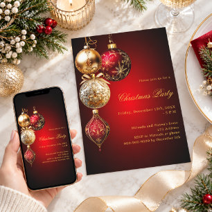 Invitation Ornements en or rouge pour la fête de Noël