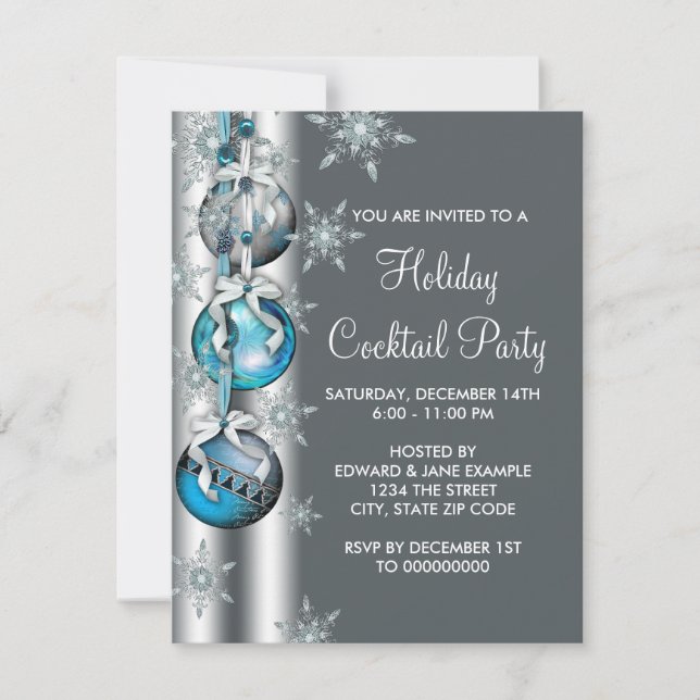 Invitation Ornements Flocons de Neige Bleu Sarcelle Fête de N (Devant)