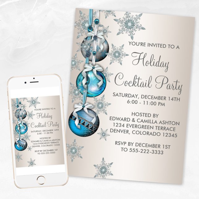 Invitation Ornements Flocons de Neige Bleu Turquoise Fête de  (Teal blue snowflakes ornament Christmas party invitation. Available for print and instant download.)