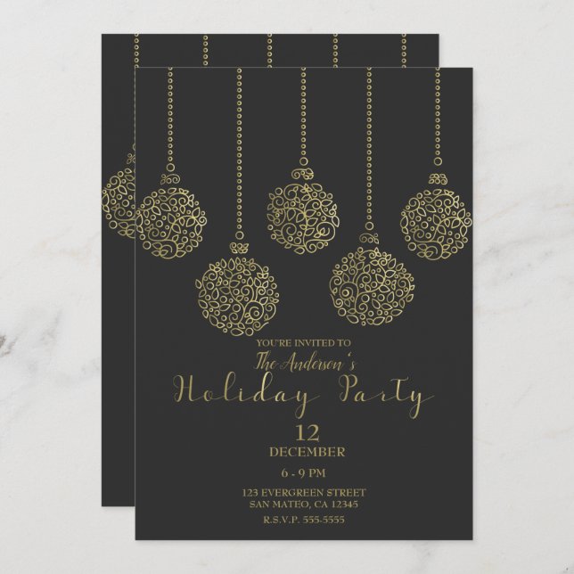 Invitation Ornements Gold & Charcoal Elegant Holiday Party (Devant / Derrière)