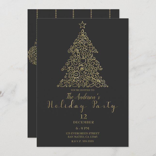 Invitation Ornements Gold Charcoal Elegant Tree Holiday Party (Devant / Derrière)