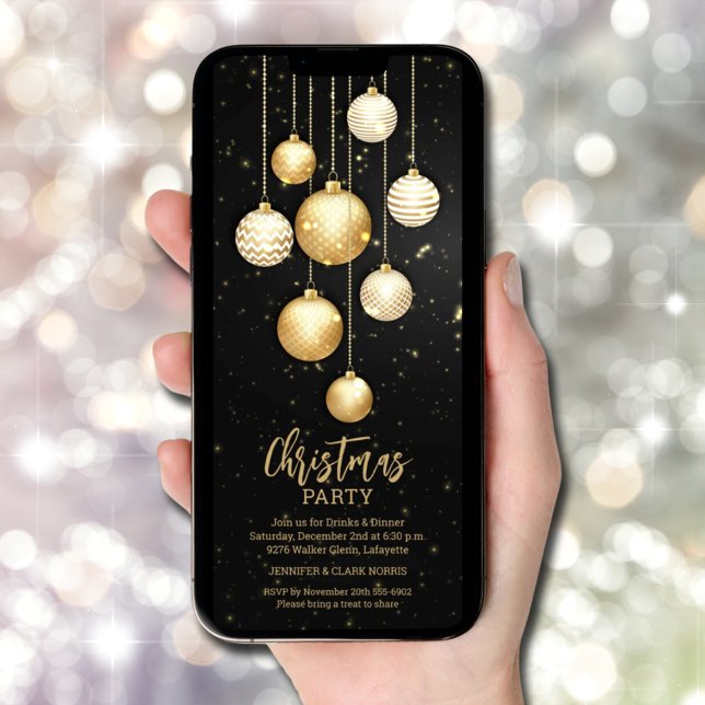 Invitation Ornements Gold Christmas Tree (Gold Christmas Tree Ornaments Invitations - INSTANT DOWNLOAD and/or PRINTED)