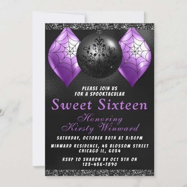 Invitation Ornements Halloween Violet Noir Sweet 16 (Devant)