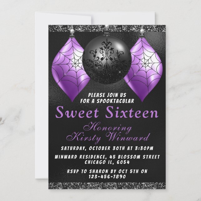 Invitation Ornements Halloween Violet Noir Sweet 16 (Devant)