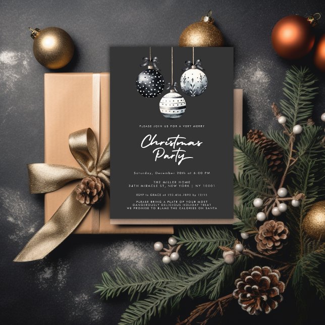 Invitation Ornements noirs blancs minimalistes Noël Party (Black White Ornaments Minimalist Christmas Party Invitation)