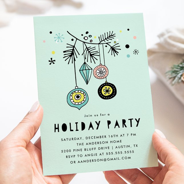 Invitation Ornements Rétro Milieu de Siècle Fête de Noël Vert (Créateur téléchargé)