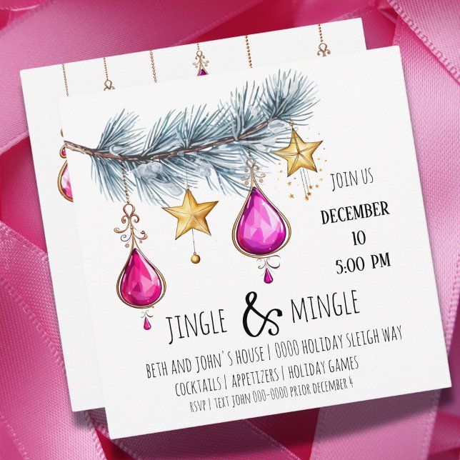 Invitation Ornements roses et étoiles d'or avec Tree Party (Pink and gold jingle and mingle party invitation you can customize. )