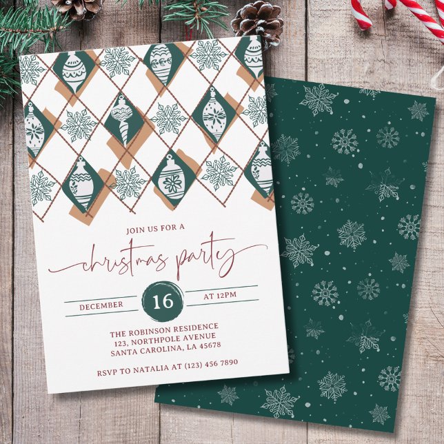 Invitation Ornements verts flocons de neige Fête de Noël (Créateur téléchargé)