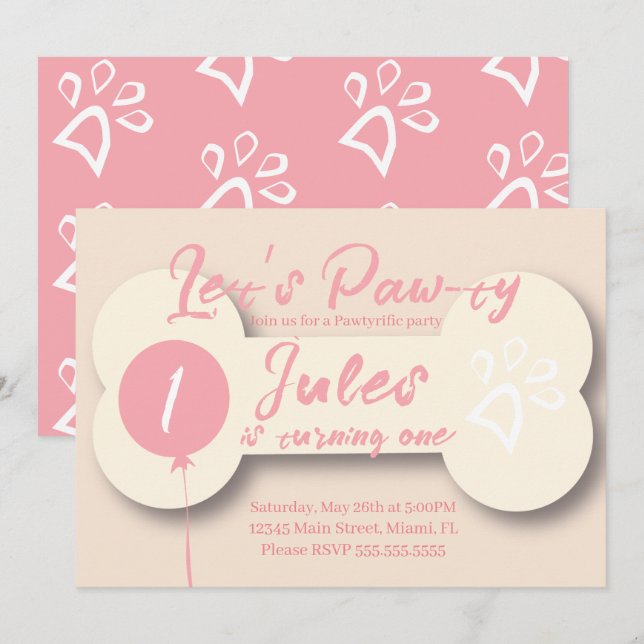 Invitation Os à anniversaire simple chien patte rose crème (Devant / Derrière)