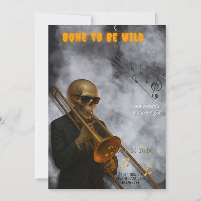 Invitation Os en folie - Trombone squelette | Halloween (Devant)