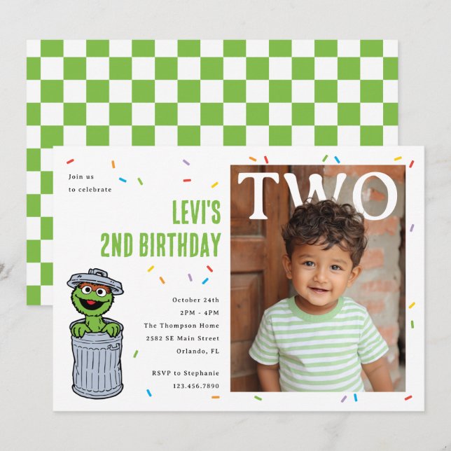 Invitation Oscar the Grouch Green Confetti Second Birthday (Devant / Derrière)