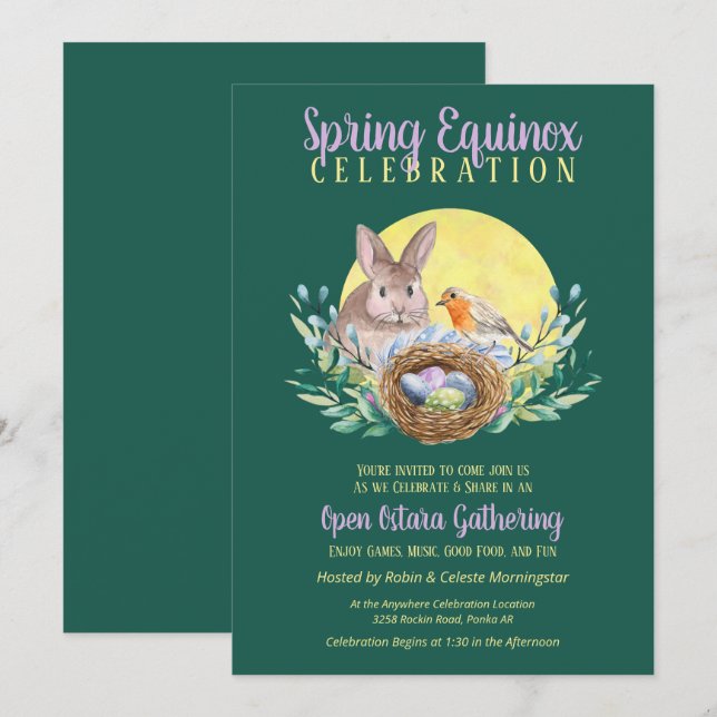 Invitation Ostara Spring Equinox Bunny & Bird Nest Green (Devant / Derrière)