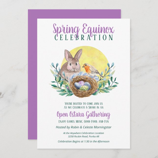 Invitation Ostara Spring Equinox Bunny & Bird Nest Sabbat (Devant / Derrière)