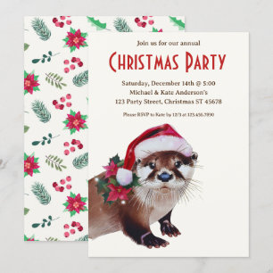 Invitation Otter dans un Santa Hat Poinsettias fête de Noël