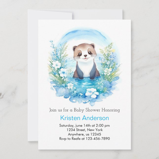 Invitation Otter Watercolor Wonderland Boy Baby shower (Devant)