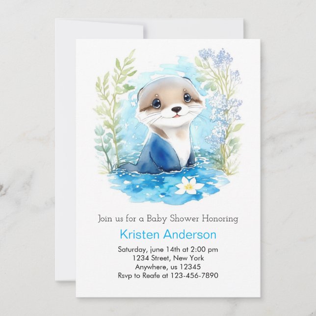Invitation Otter Watercolor Wonderland Boy Baby shower (Devant)