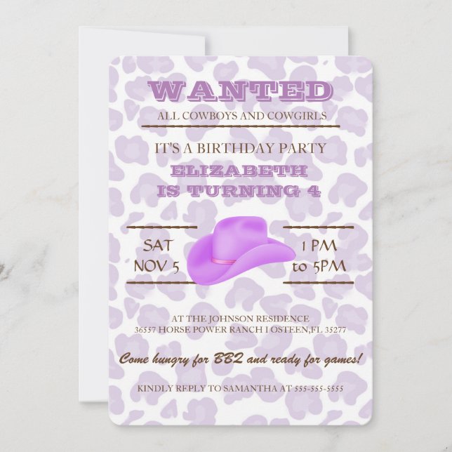 Invitation OUAIS ! Purple Cowgirl Anniversaire Fête Invitatio (Devant)