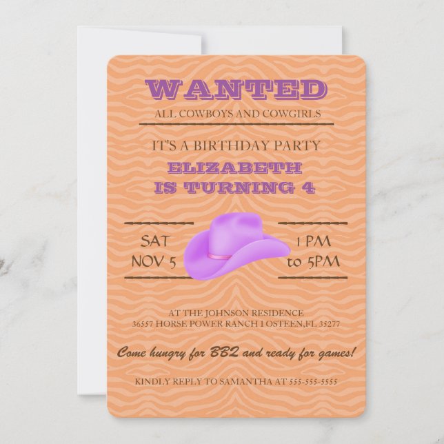 Invitation OUAIS ! Purple Cowgirl Anniversaire Fête Invitatio (Devant)