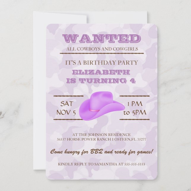 Invitation OUAIS ! Purple Cowgirl Anniversaire Fête Invitatio (Devant)