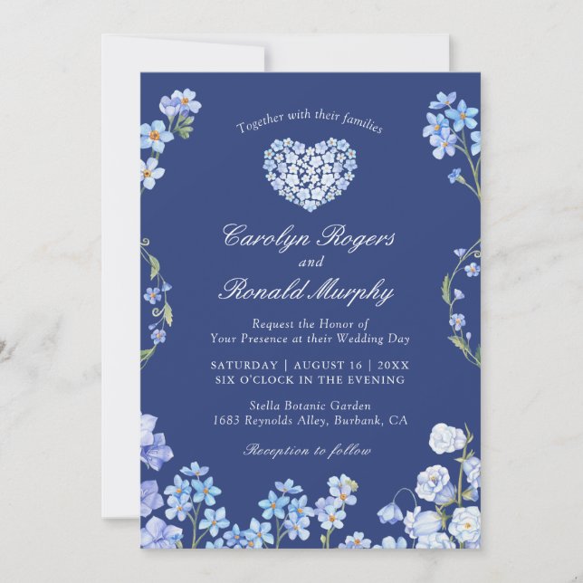 Invitation Oubliez-moi non Coeur Royal Blue Floral Mariage (Devant)