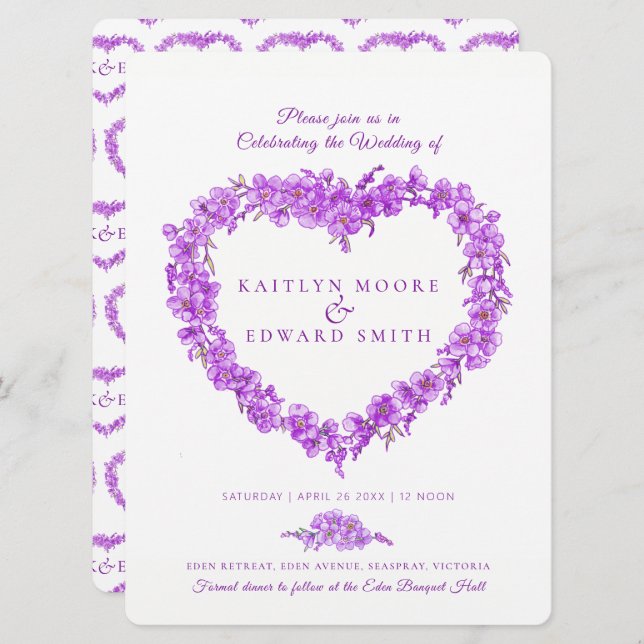 Invitation Oubliez-moi pas coeur art mariage violet blanc (Devant / Derrière)