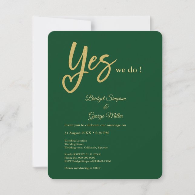 Invitation Oui nous faisons vert émeraude Or mariage  (Devant)