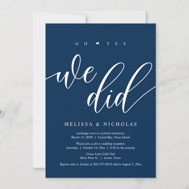 Invitation Oui, nous l'avons fait, Noir, Mariage Elopement Pa (Devant)