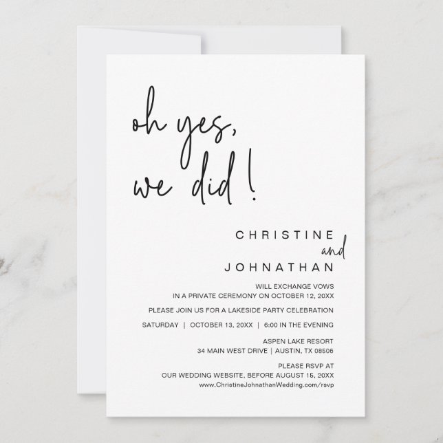 Invitation Oui, On L'A Fait, Mariage Elopement Dancing Party  (Devant)